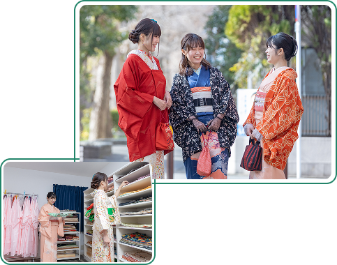 着物体験で自分に似合う一着を選び、晴れ着姿で友人とお出かけを楽しむ女性グループと、着物を選んでいる店内の様子
